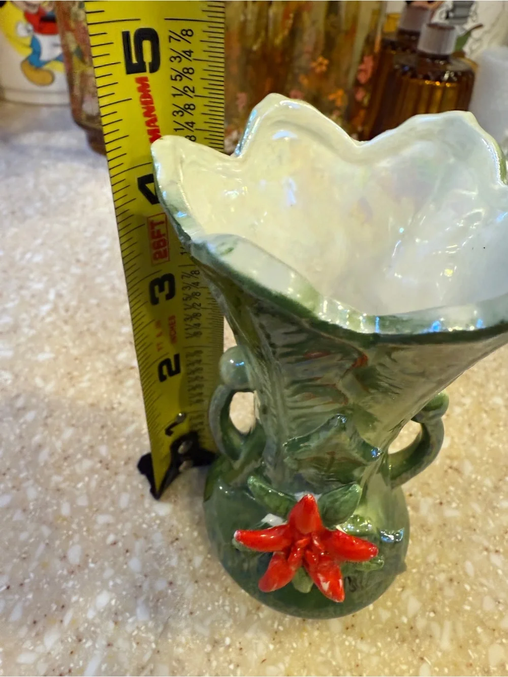 Norcrest Vintage Christmas Holiday Green Ceramic Accent Vase Red Floral Detail
